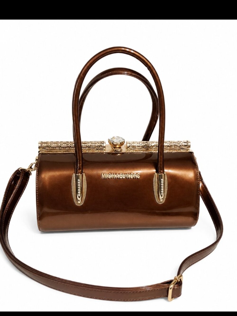 Michael Kors Brown Patent Sachel Elegant gold -Tone Handbag - Picture 1 of 6